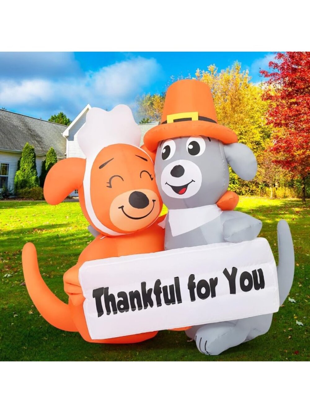 Thanksgiving Inflatable Dog Duo with Thankful Sign - 4.3FT Yard LED Decor